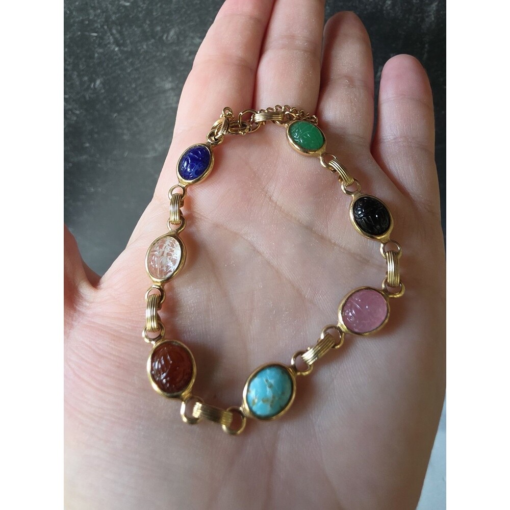 Gold Tone Metal Multicolored Scarab Chain Bracelet Vintage Costume Jewelry